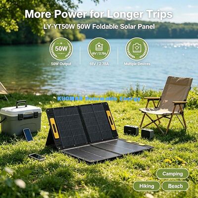 পোর্টেবল পাওয়ার স্টেশন ক্যাম্পিং RV এর জন্য 50W ফোল্ডেবল সোলার প্যানেল, ওয়াটারপ্রুফ ETFE সোলার চার্জার