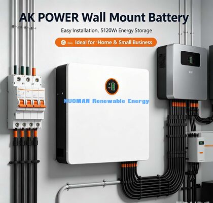 ওয়াল মাউন্ট 5.12kWh লিথিয়াম ব্যাটারি CAN RS485 ব্লুটুথ হাইব্রিড সৌর ইনভার্টার জন্য